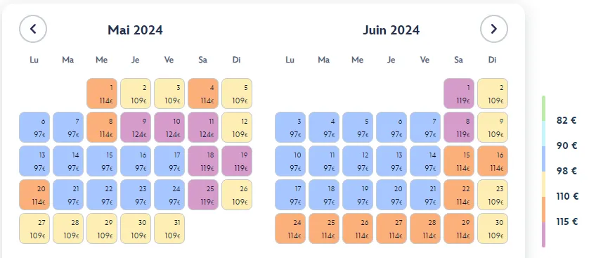 Capture du calendrier d'affluence de Disneyland Paris qui classent les jours par couleurs et déterminent le prix du billet d'entrée