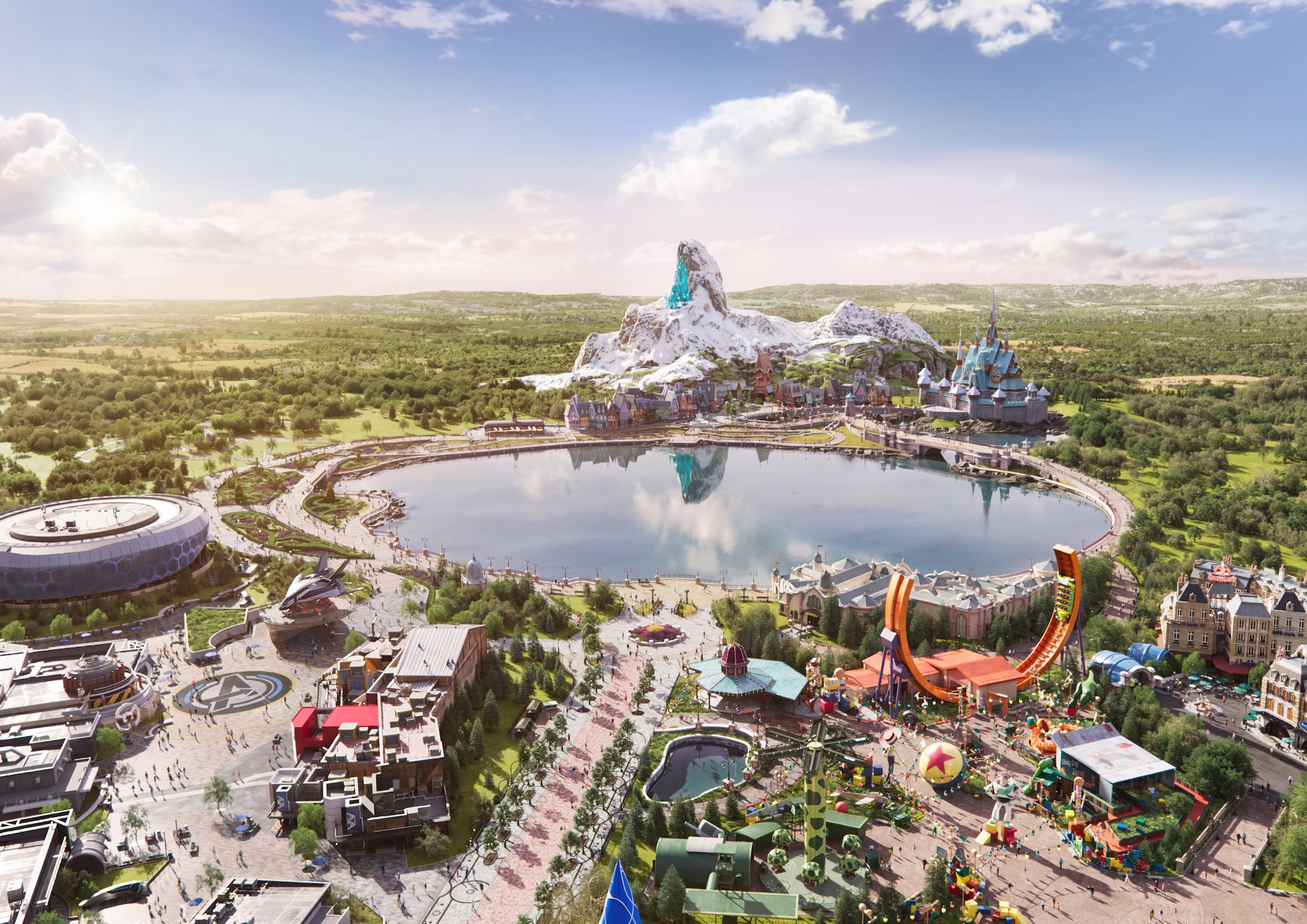 Vue d'ensemble de Disney Adventure World avec le lac Adventure Bay – © Disney