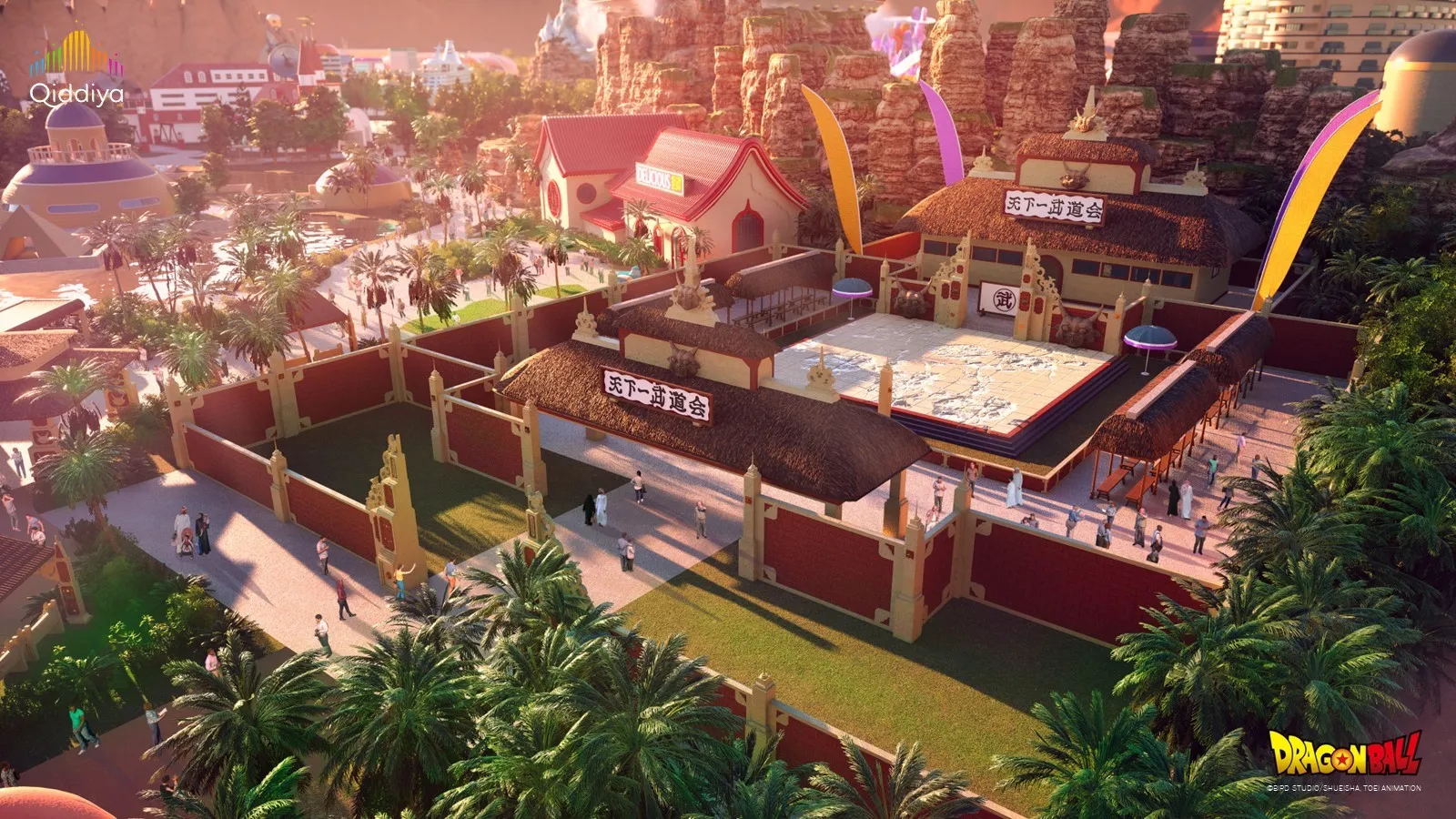 Concept art de l'arène du tournoi d'arts martiaux Tenkaichi Budokai dans le parc Dragon Ball de Qiddiya – © Qiddiya Investment Company / Bird Studio / Shueisha / Toei Animation