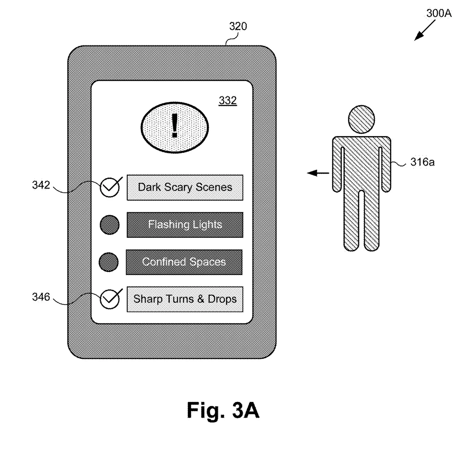 Figure 3A de la demande de brevet US 2026/0245439 A1 : écran de sélection des aversions du visiteur – © Disney Enterprises / USPTO
