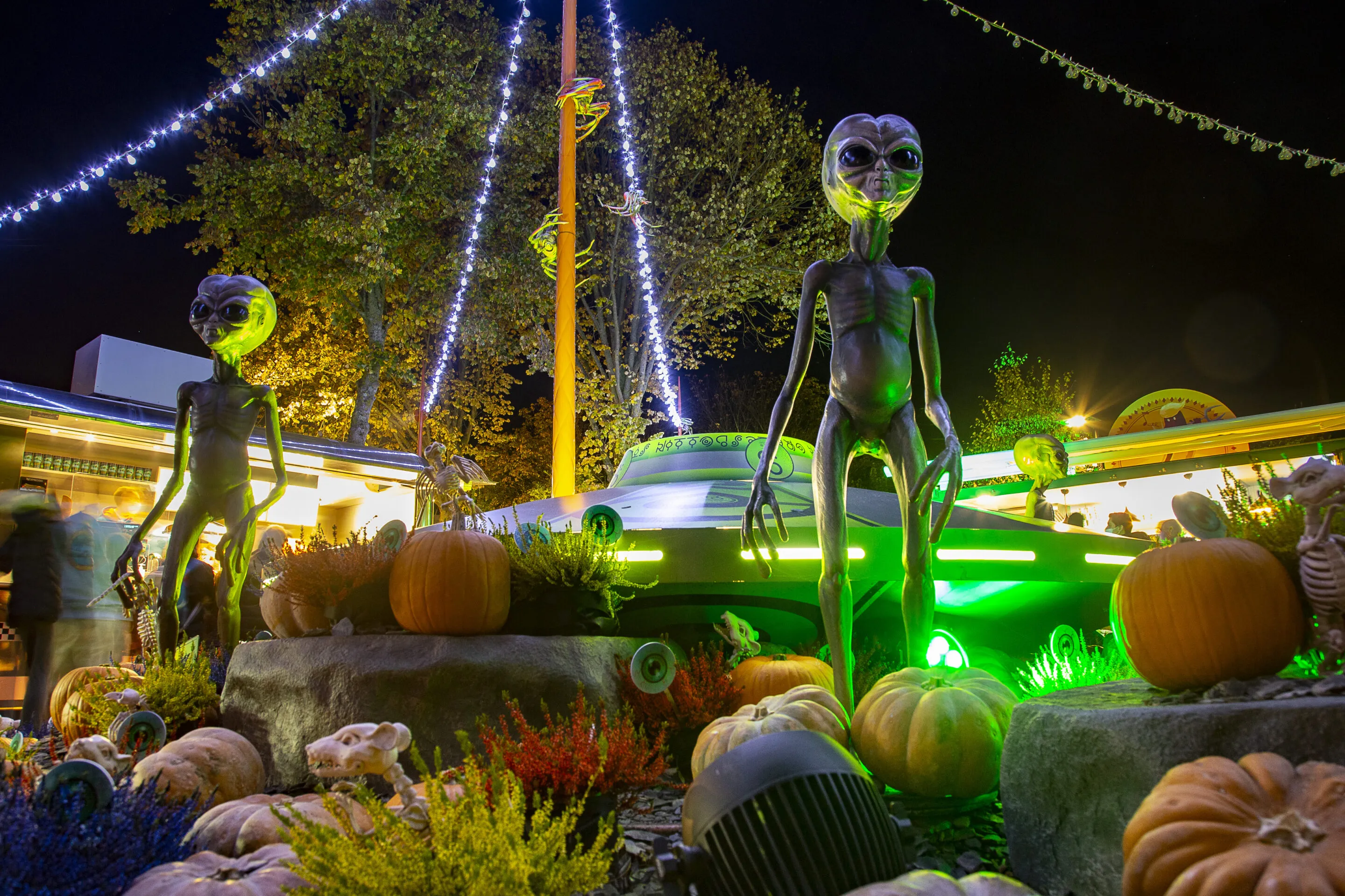 Décor nocturne de Futuroween avec soucoupe volante et citrouilles – © Futuroscope
