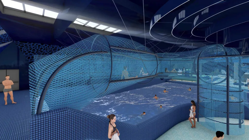 Vue de la piscine à vague de l'Aquascope avec son hamac 