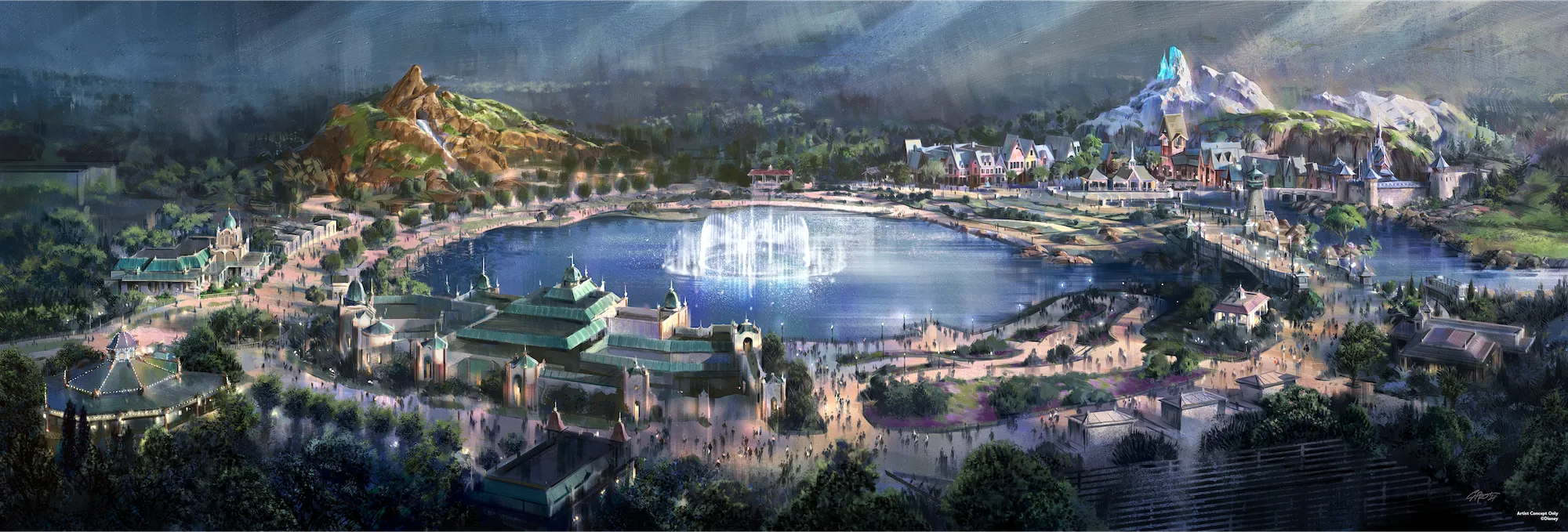 Concept art d'Adventure Bay, le lac central de Disney Adventure World à Disneyland Paris