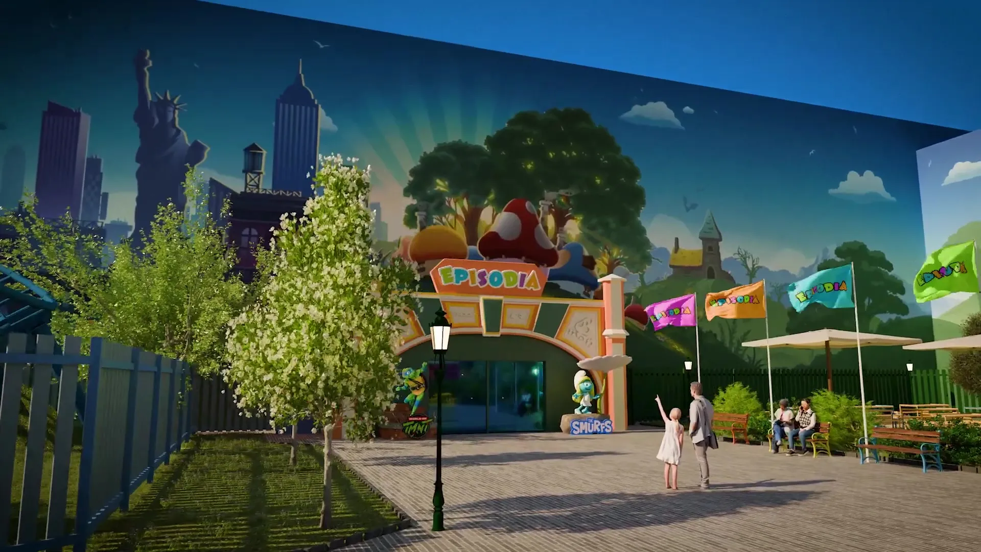 Village des Schtroumpfs indoor d'Episodia Gliwice, rendu 3D – © Momentum Leisure / Leisure Expert Group