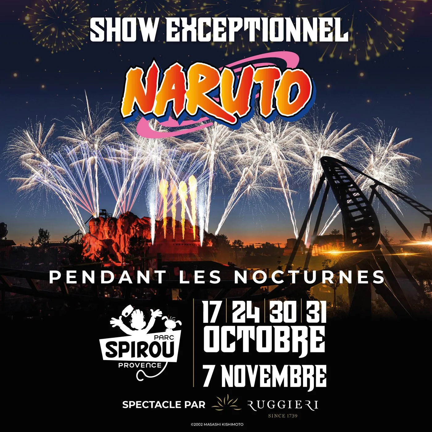 Visuel du show pyrotechnique Naruto des nocturnes d'Halloween 2026 au Parc Spirou Provence – © Parc Spirou Provence
