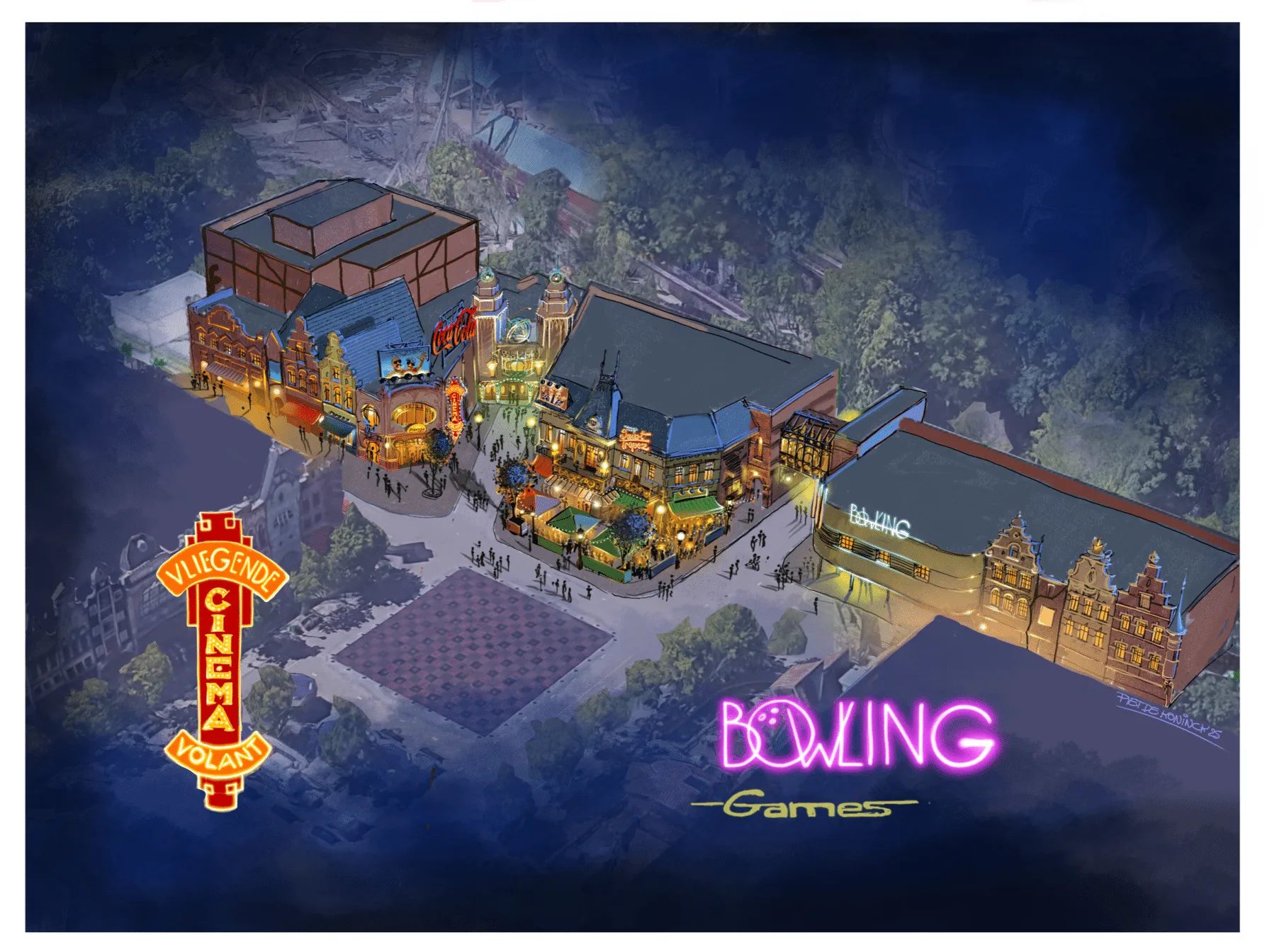 Concept art de Plopsaland Plaza avec le Cinéma Volant, le bowling et le Grand Café – © Plopsa
