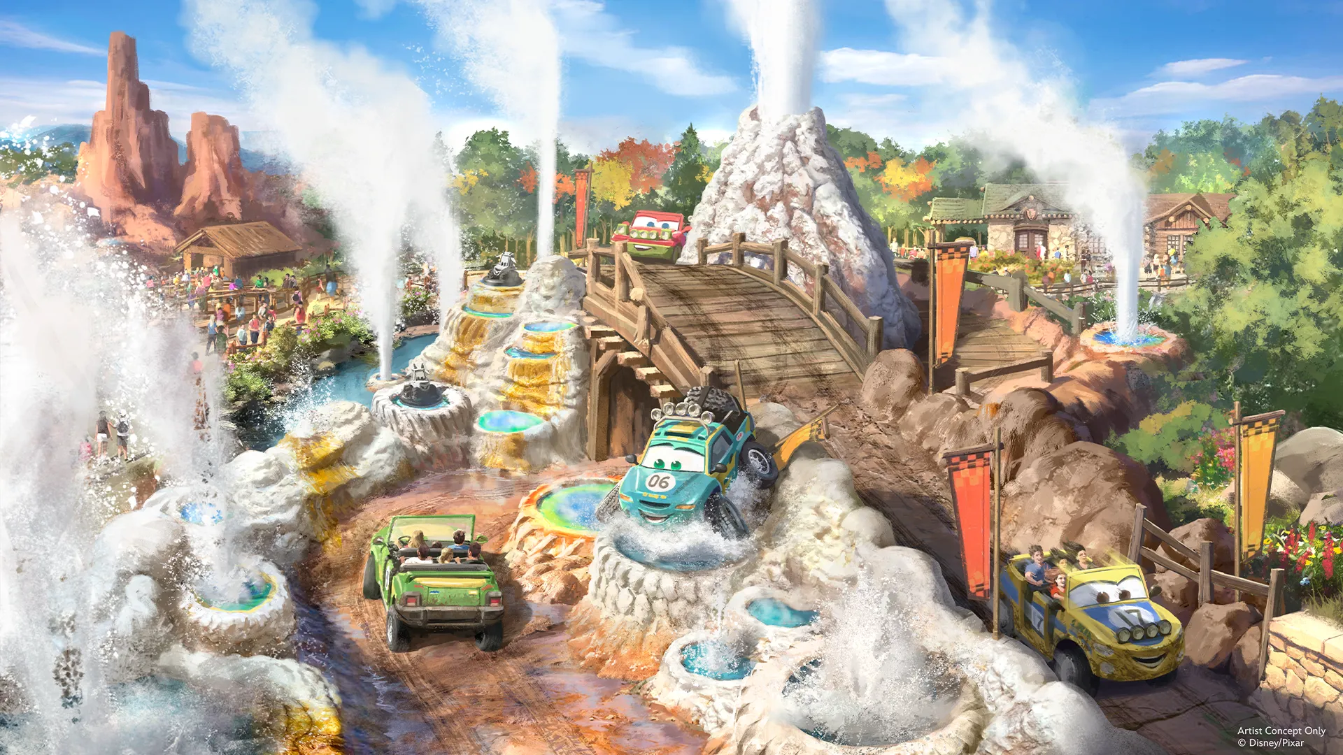 Champ de geysers de Cars Ridge Run Rally à Piston Peak National Park – © Disney