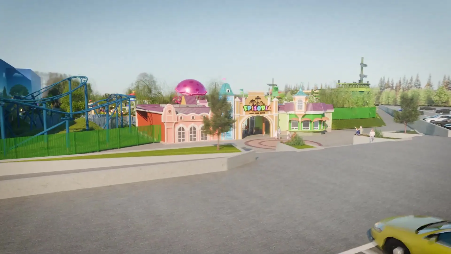 Coaster extérieur et entrée d'Episodia Gliwice, rendu 3D – © Momentum Leisure / Leisure Expert Group