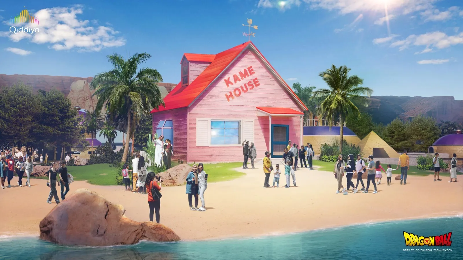 Concept art de la Kame House de Tortue Géniale sur sa plage, dans le parc Dragon Ball de Qiddiya – © Qiddiya Investment Company / Bird Studio / Shueisha / Toei Animation