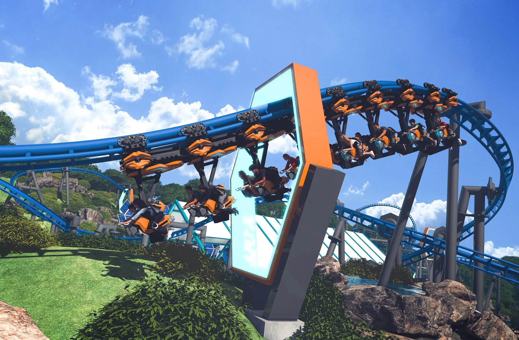 Vue d'artiste du parcours de Thrill Glider et de ses collecteurs hexagonaux – © Six Flags Magic Mountain