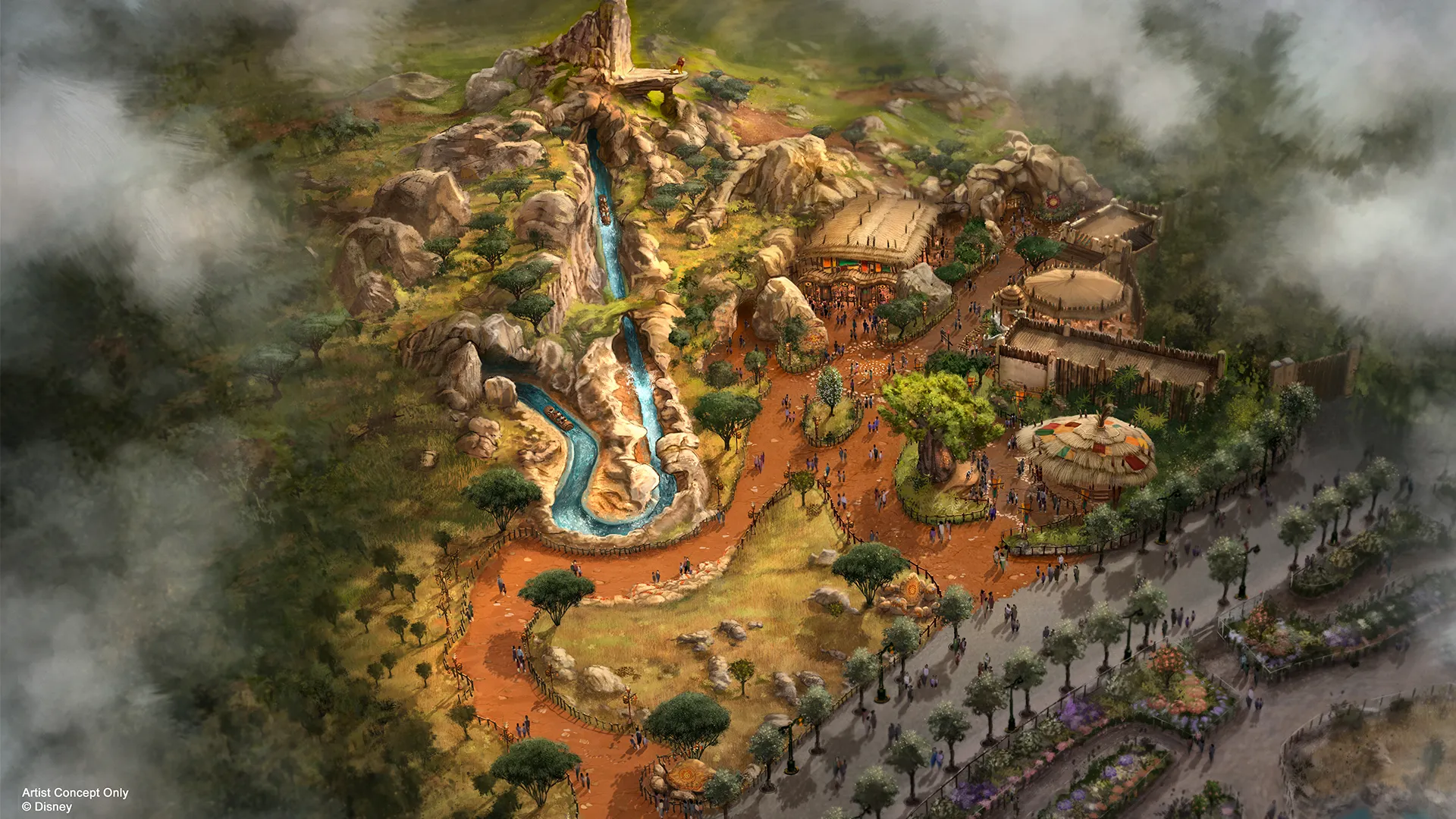 Concept art aérien du monde immersif du Roi Lion à Disney Adventure World avec le Rocher du Lion et le parcours aquatique – © Disney