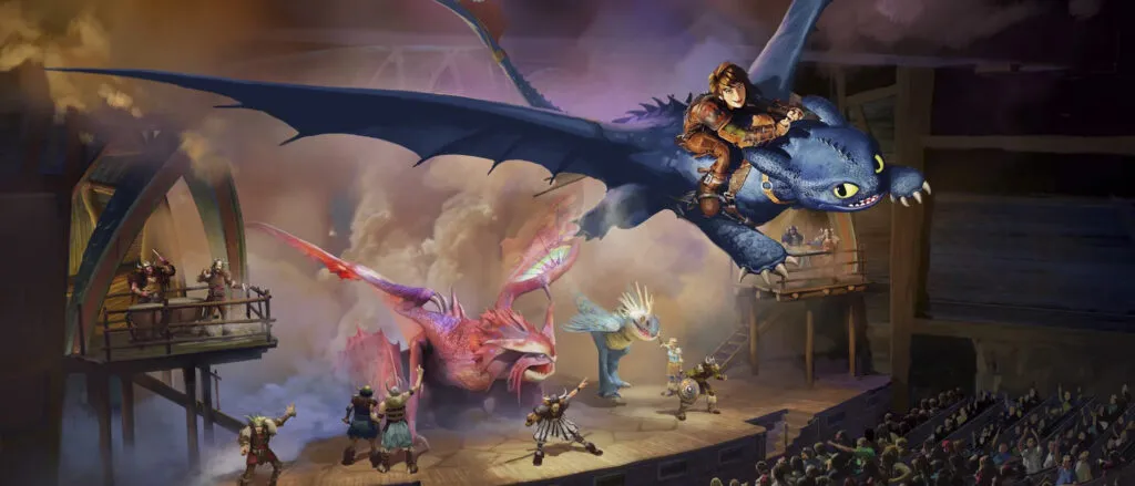Concept Art du spectacle en préparation sur le thème des dragons dans le monde Isle of Berk du nouveau parc à Orlando, Universal Epic Universe