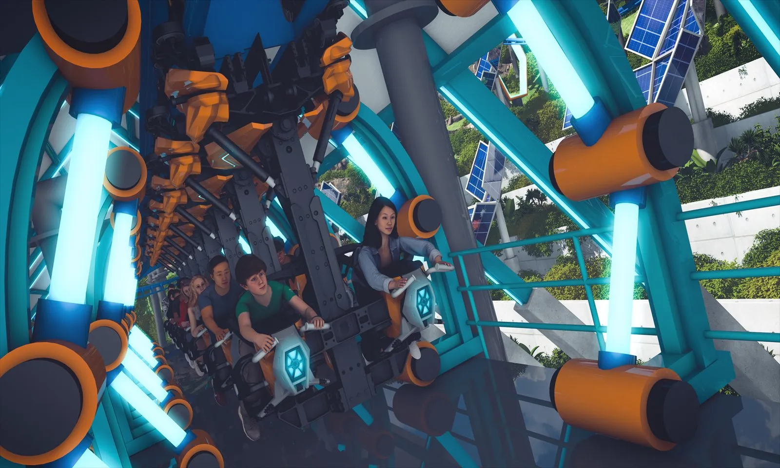 Passagers installés sur les hovercycles de Thrill Glider, vue d'artiste – © Six Flags Magic Mountain