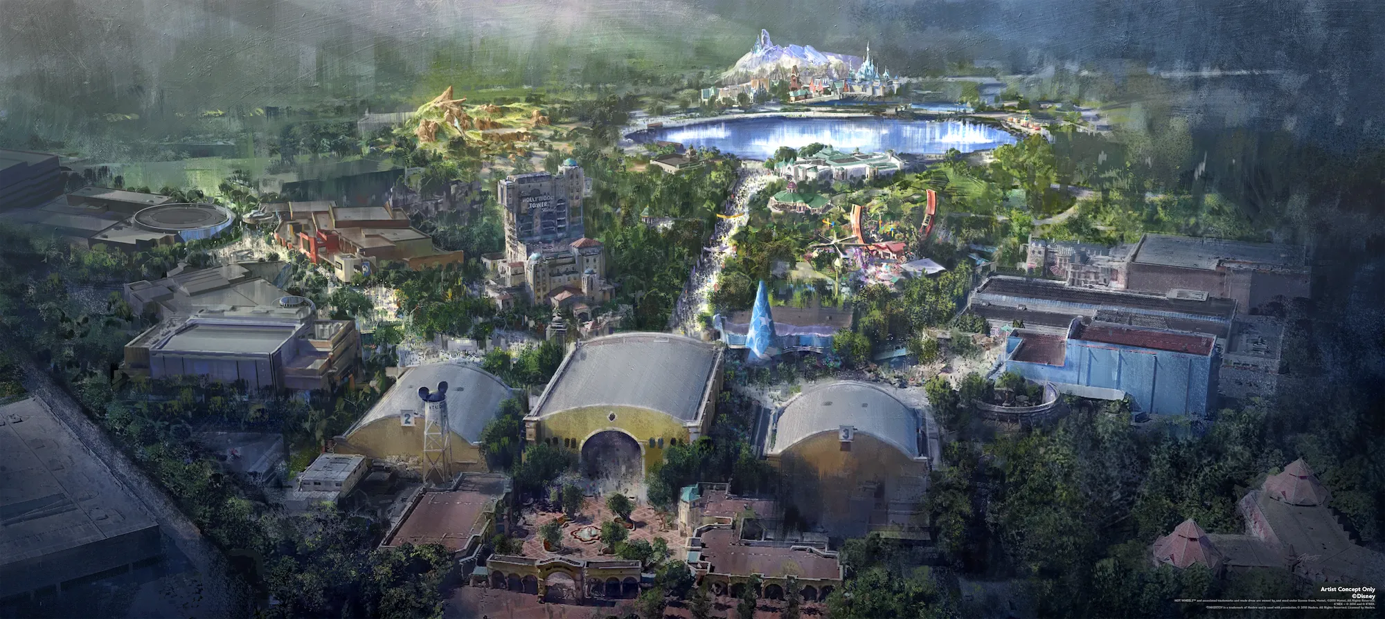 Plan d'ensemble officiel de Disney Adventure World montrant Adventure Bay et les futures zones thématiques