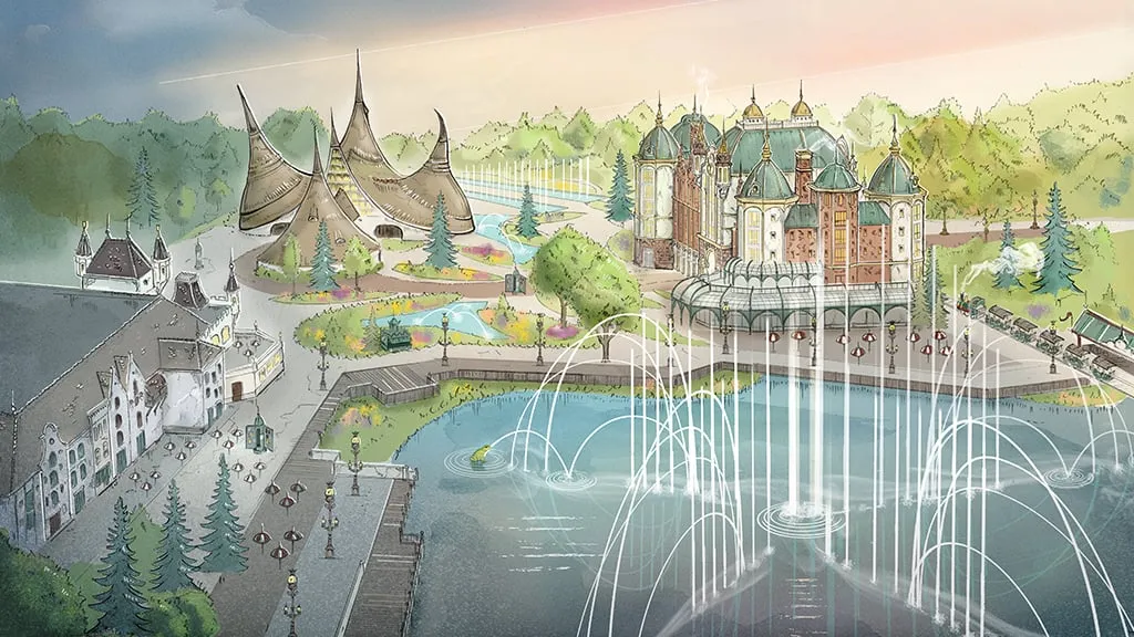 Concept Art et plan 3D de la construction du Efteling Grand Hotel