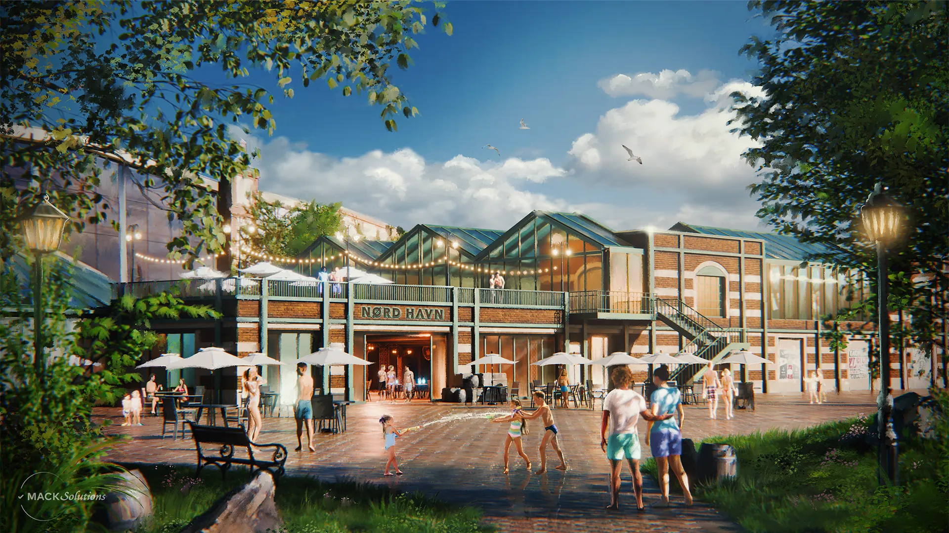 Concept art du bâtiment Nørd Havn à Rulantica avec son restaurant et sa terrasse – © Europa-Park / MACK Solutions