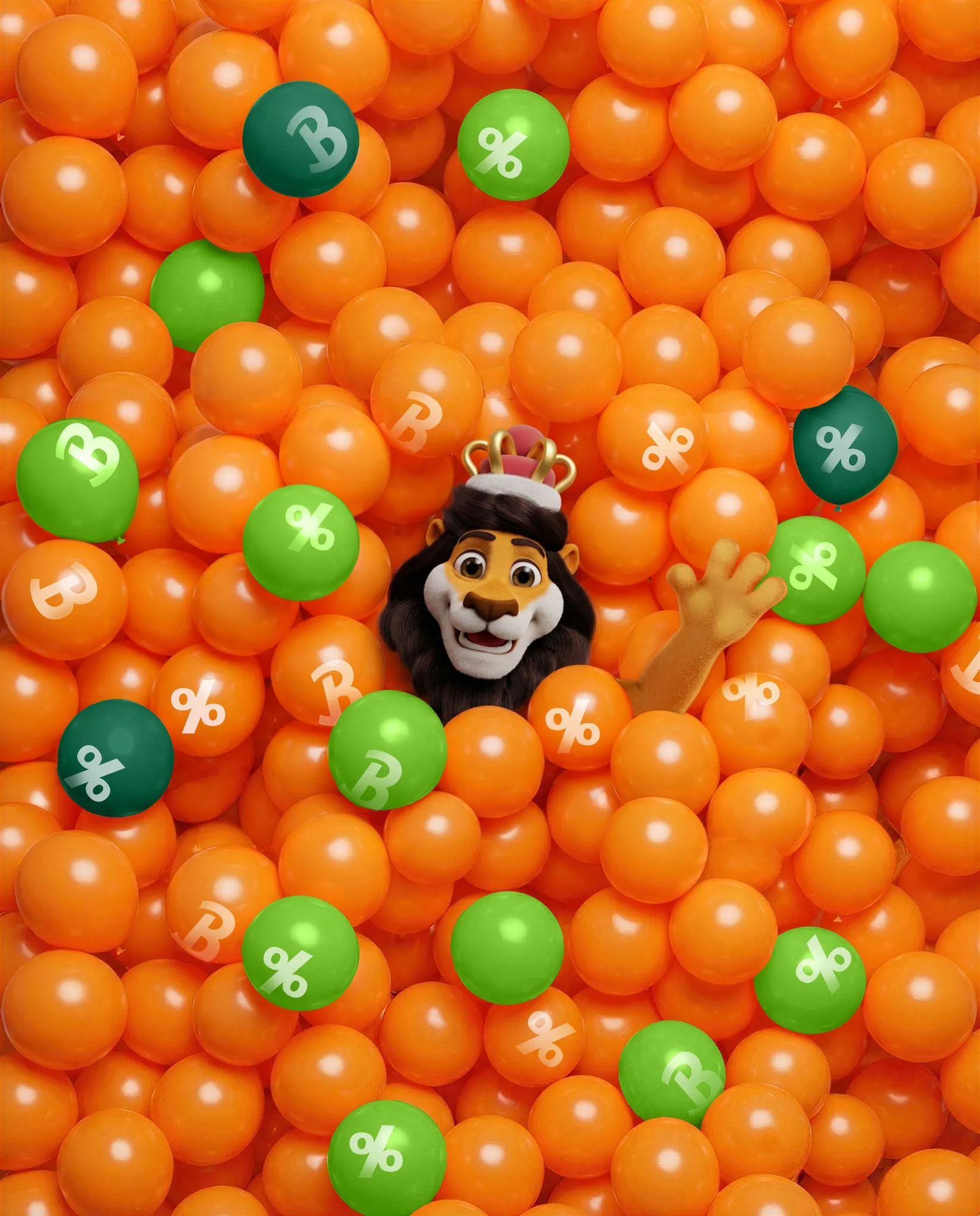 Mascotte lion de Bellewaerde entourée de ballons avec pourcentages
