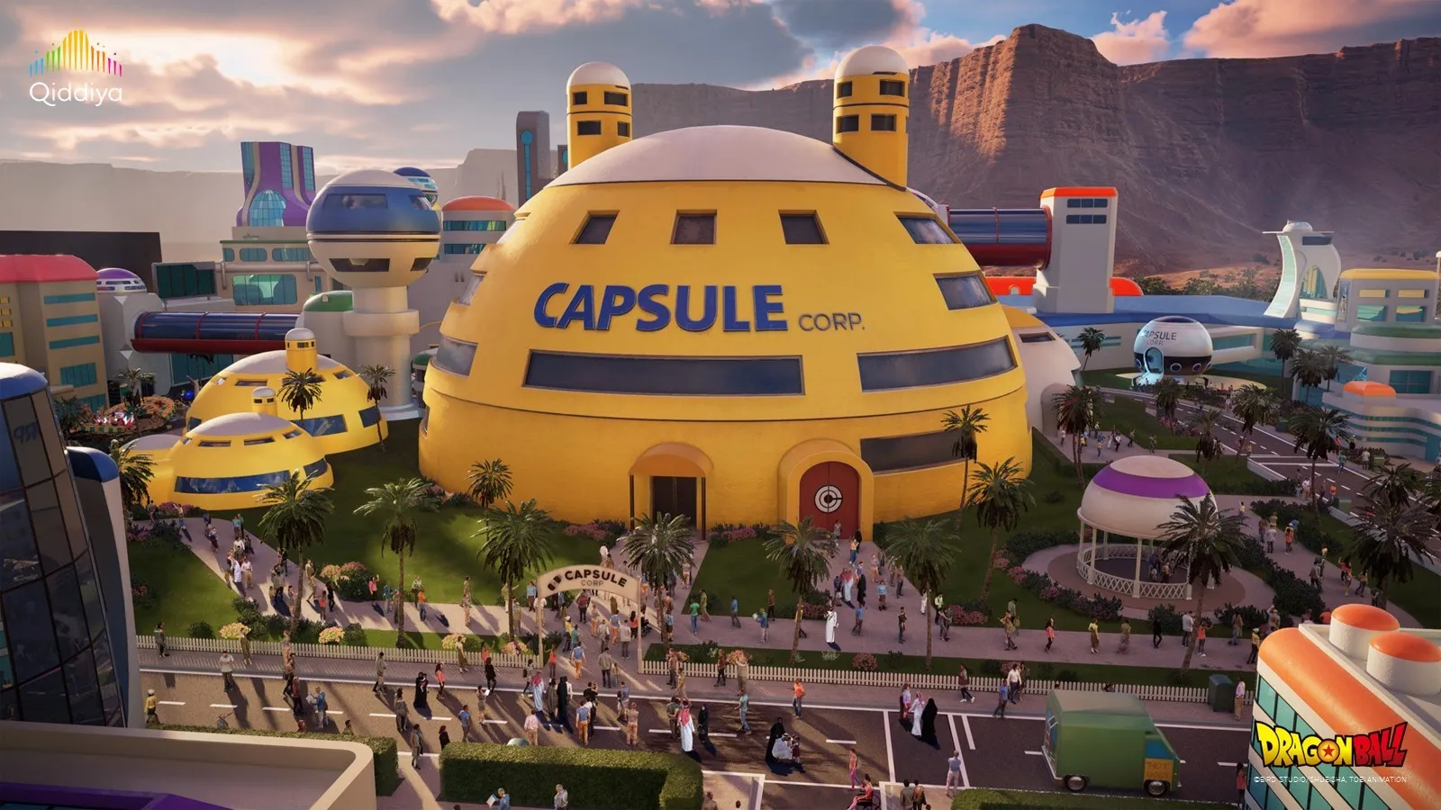 Concept art de la zone Capsule Corporation du parc Dragon Ball de Qiddiya – © Qiddiya Investment Company / Bird Studio / Shueisha / Toei Animation