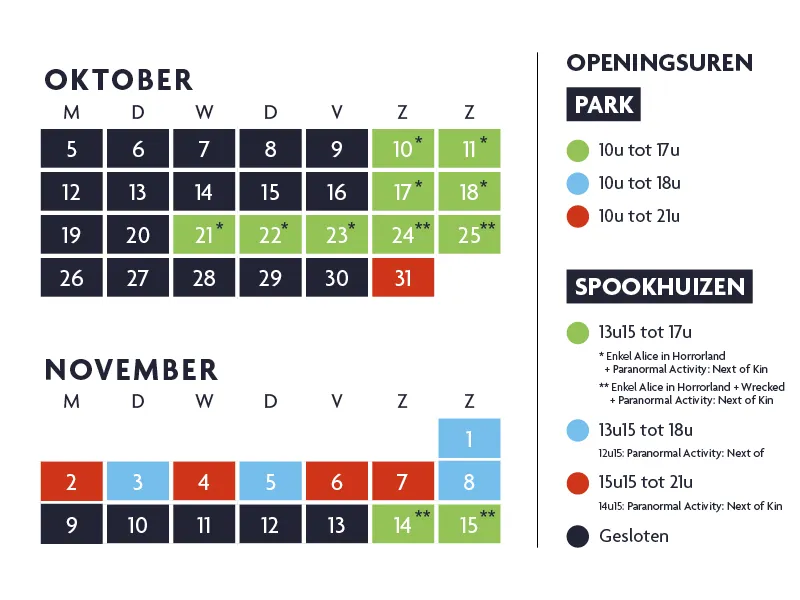 Calendrier et horaires Halloween 2026 à Bobbejaanland – © Bobbejaanland