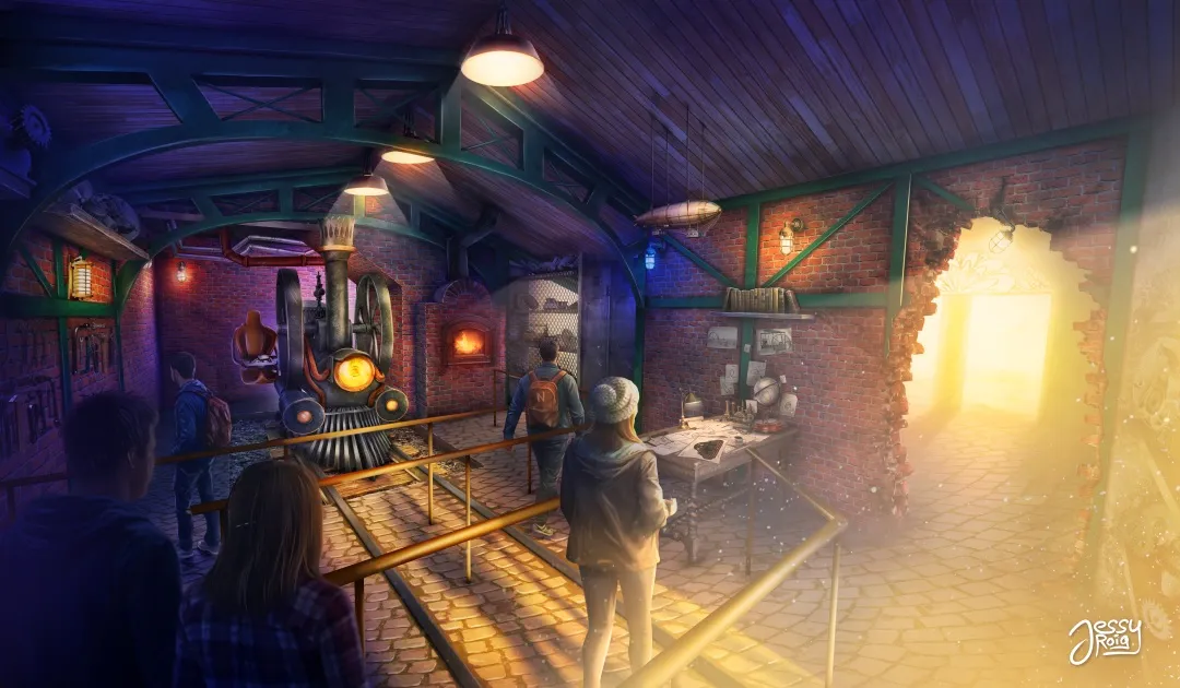 Concept art de la file d'attente de Supersonic 1887 dans l'atelier de l'inventeur Émile Delaroche