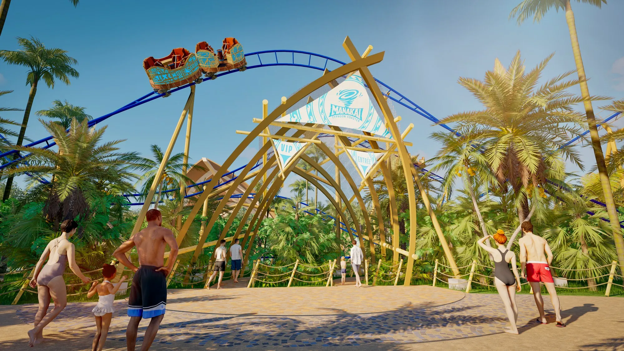 Entrée de Manakai et son décor polynésien à O'Gliss Park (2028) – © Bold Move Nation