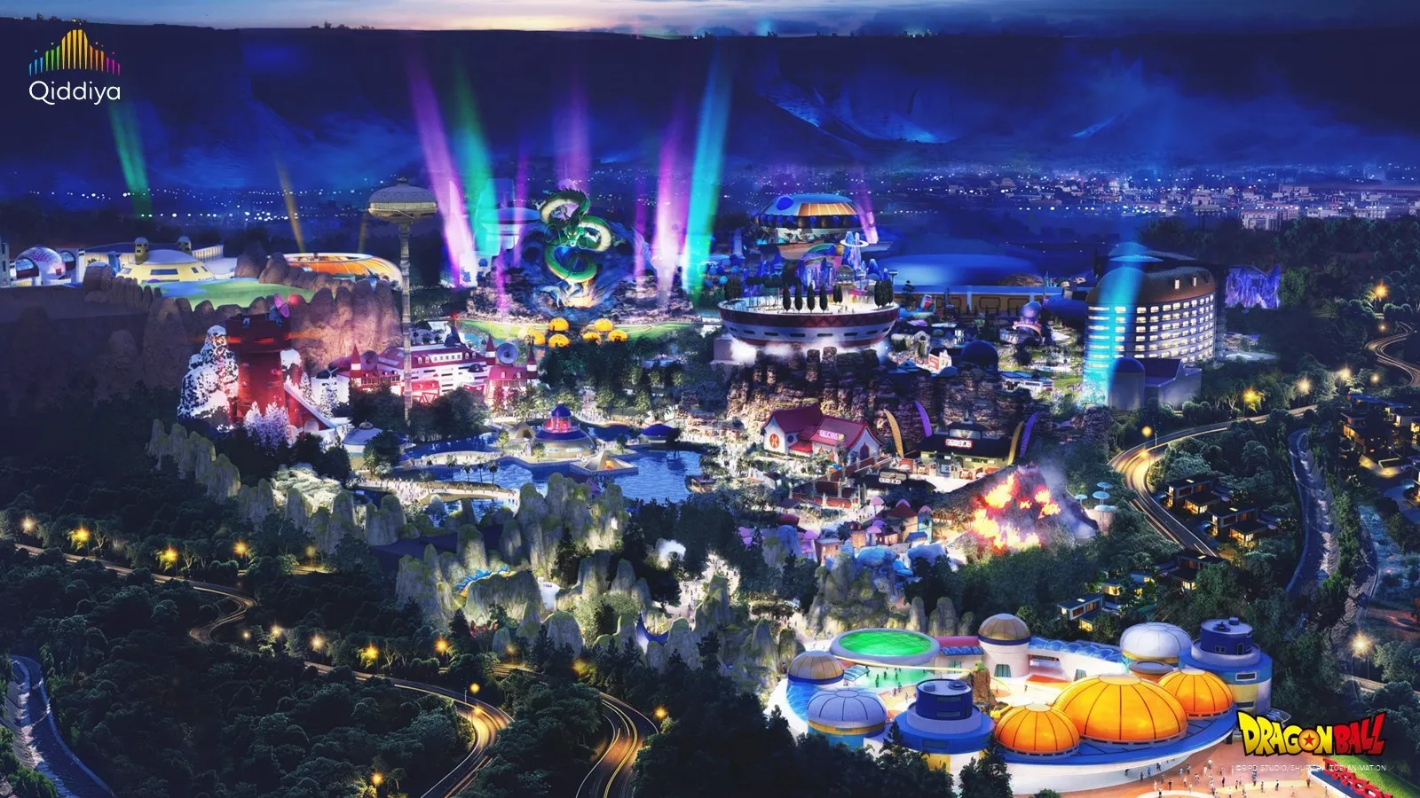 Vue d'ensemble nocturne du parc Dragon Ball de Qiddiya en concept art – © Qiddiya Investment Company / Bird Studio / Shueisha / Toei Animation