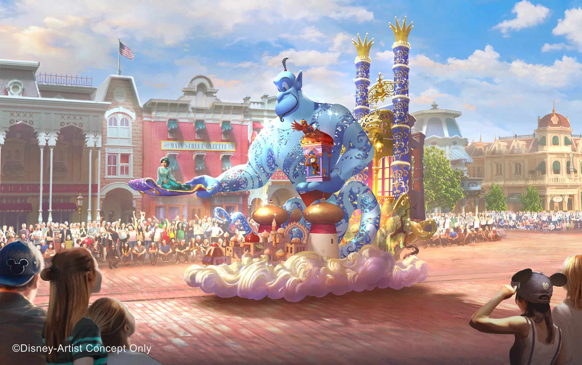 Concept art du char du Génie d'Aladdin de la nouvelle parade du Parc Disneyland prévue en 2028 – © Disney