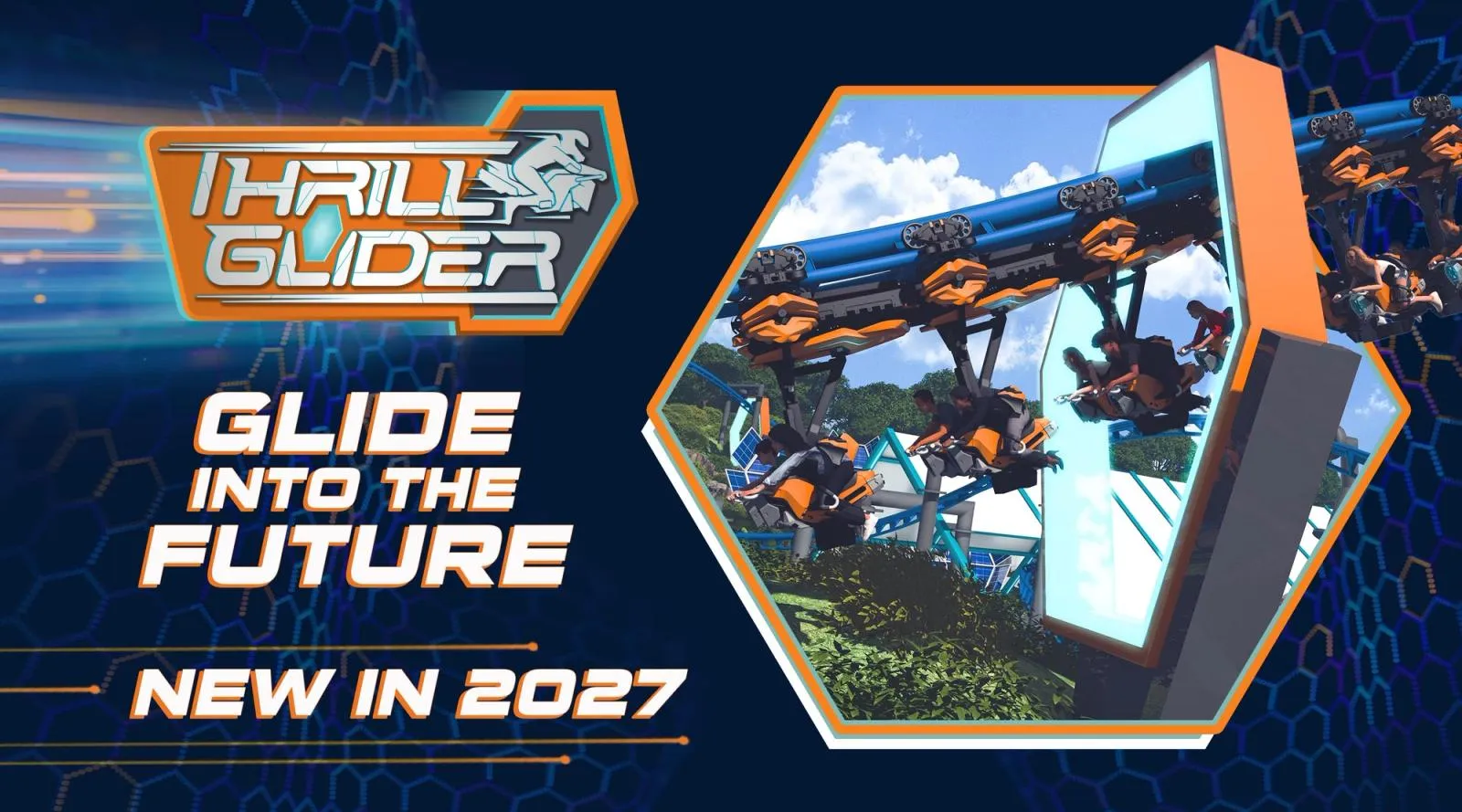 Visuel officiel d'annonce de Thrill Glider, nouveauté 2027 – © Six Flags Magic Mountain